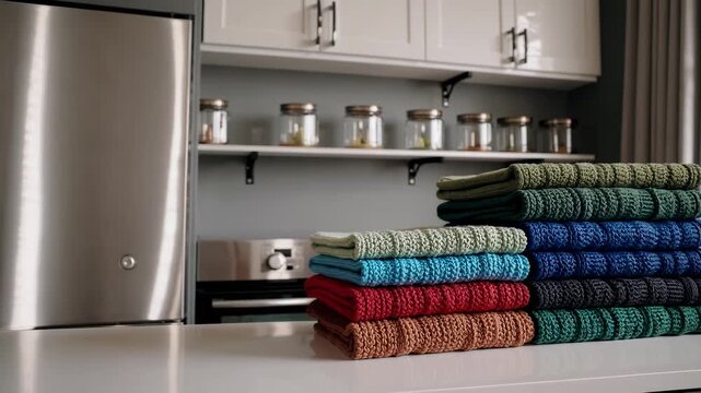 Beautifully folded hand-knit dishcloths arranged in a cozy kitchen setting with natural light