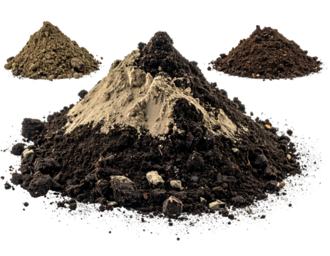 Close-up of several piles of earth, compost, and soil against a black backdrop