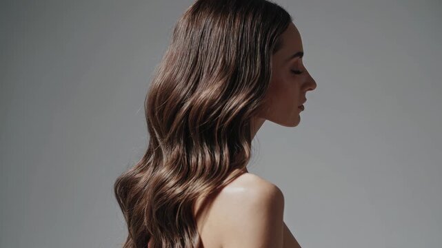 Long, shiny hair styling tips for a glamorous look showcased in a studio setting