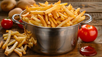 Crispy french fries served in a silver pot accompanied by ketchup and fresh tomato slices