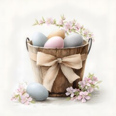 Watercolor illustration of rustic wooden bucket with pastel Easter eggs and pink cherry blossoms, spring holiday floral decoration art