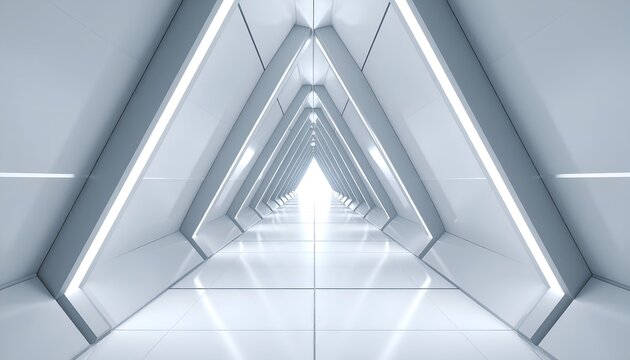 Futuristic, geometric tunnel with bright light at the end, clean lines, and symmetrical design