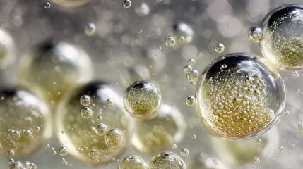 Macro photograph of golden oil bubbles with trapped air and light reflections