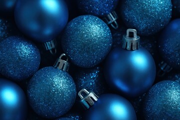 Shiny blue Christmas ornaments clustered background