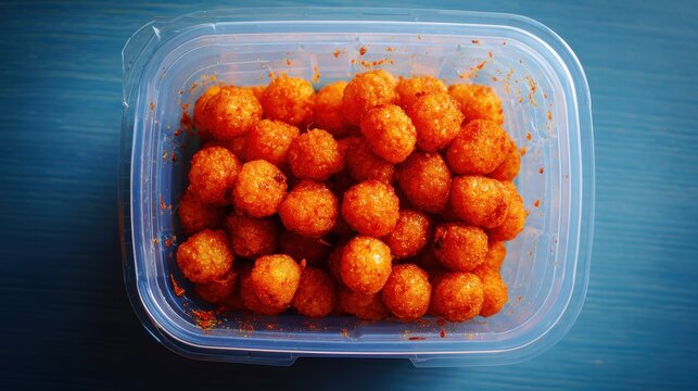 Overhead view of a plastic bowl with spicy fried tapioca spheres called cimol