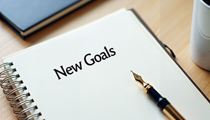 Open notebook with &ldquo;New Goals&rdquo; and fountain pen on wooden desk, motivational planning scene