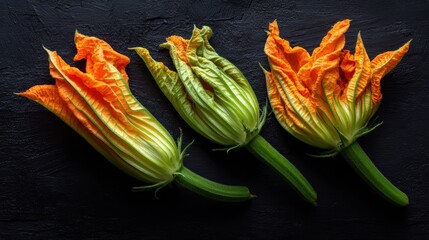 Overhead view of cooked zucchini or pumpkin blossoms on a dark surface