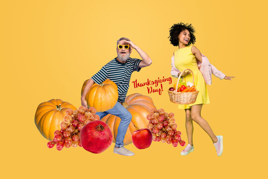 Banner image photo collage of two happy old man young girl stand autumn harvest vegetables basket pomegranate grape fruit - Powered by Adobe