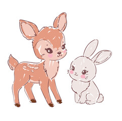 Hand Drawn Cute Baby Deer and Bunny Vector Kids Print