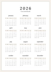 Minimalist 2026 Year Calendar - one page on a white background. Simple desktop calendar starting on Sunday.