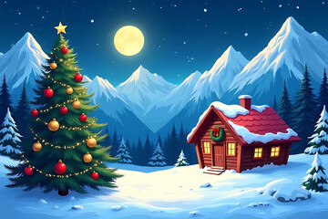 Cozy christmas cabin nestled in a snowy mountain landscape under a full moon