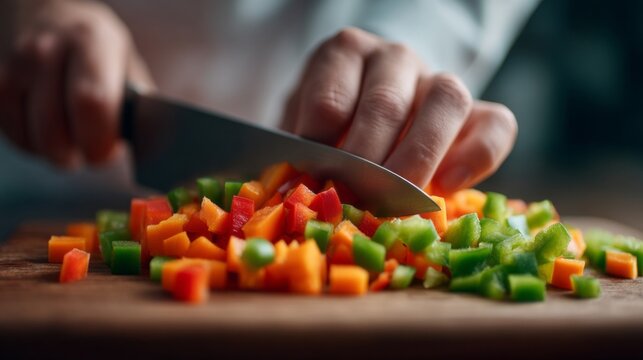 A person skillfully chops brightly colored vegetables like peppers and carrots on a wooden chopping board. Sunlight filters gently through the window, creating a warm atmosphere for cooking - Powered by Adobe