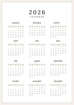 Minimalist 2026 Year Calendar - one page on a white background. Simple desktop calendar starting on Sunday.
