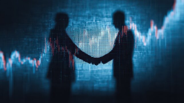 Overlay of forex chart hologram with two men shaking hands Stock market idea