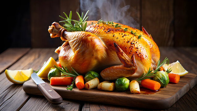 Steaming roast chicken with vegetables on rustic wooden table