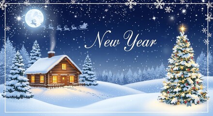New Year greeting card featuring a snowy landscape with a cozy cabin and a decorated Christmas tree,  copy space