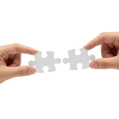 Two Hands Connecting Blank White Jigsaw Puzzle Pieces