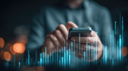Overlay of hands using a phone with a financial chart Market analysis theme