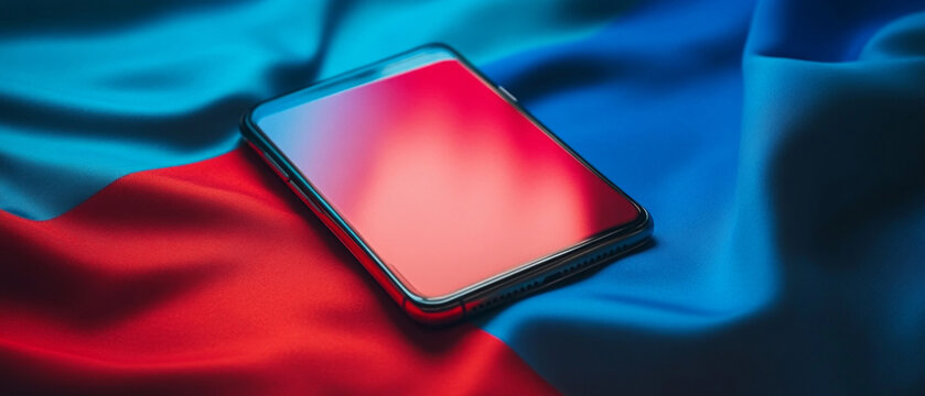 A modern smartphone with a reflective screen rests on contrasting fabric, creating a stylish visual accent that can be used as a backdrop for advertising technology or fashion accessories.