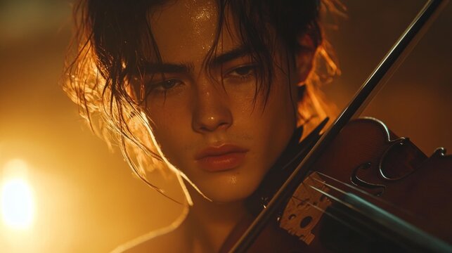 A young musician, immersed in playing the violin, is illuminated by warm light, creating an atmosphere of creative inspiration and concentration — the ideal artistic backdrop  