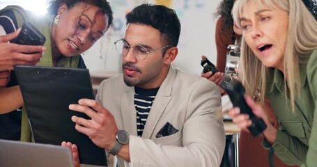 Stress, chaos and business man multitask on deadline, time management and consultant overworked by staff. Overwhelmed, pressure and professional with anxiety, burnout or tired of fatigue in office - Powered by Adobe