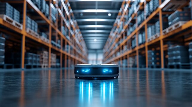 An autonomous robot with lighting in a spacious warehouse illustrates innovation in logistics, demonstrating process automation, which will be an excellent backdrop  