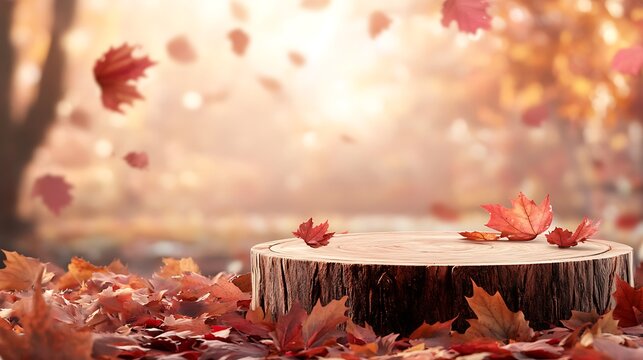 Autumn tree stump display with falling leaves isolated on white background