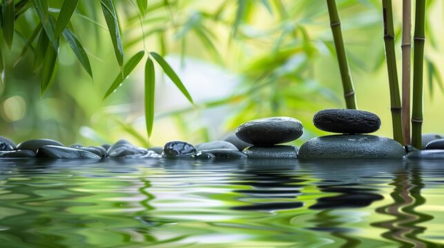 The peaceful landscape with bamboo and stones by the water conveys tranquillity, becoming the main backdrop for meditative apps or spas.