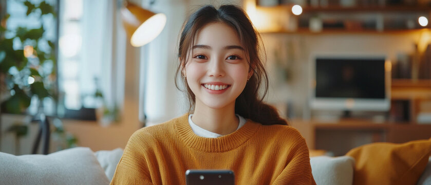 A cheerful girl in a cosy jumper with a phone creates a warm atmosphere, perfect for illustrating home comfort as a background.