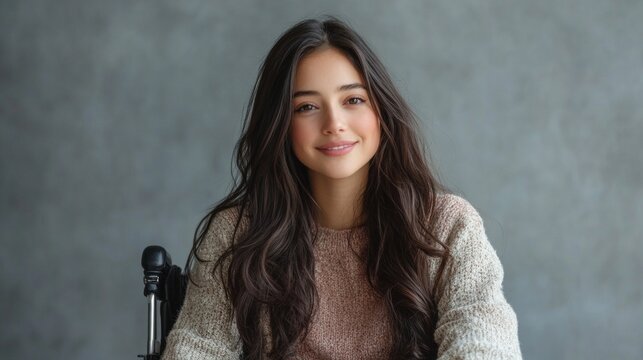 The girl in the wheelchair with a microphone embodies strength of spirit, providing an inspiring backdrop for social campaigns promoting equality and inclusivity.