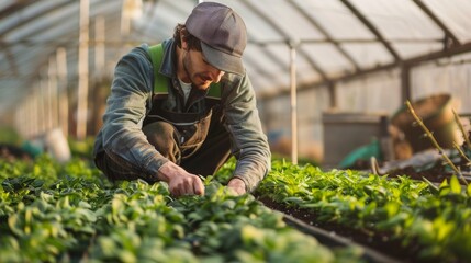 In a greenhouse, a man tends to young plants — the perfect atmospheric backdrop for articles about agriculture or eco-friendly lifestyles.