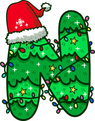 Christmas Tree Uppercase Alphabet N with Santa Hat and Christmas Light