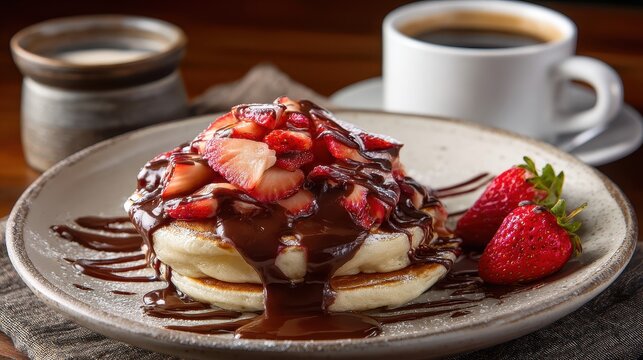Pancake topped with berry chocolate sauce and coffee