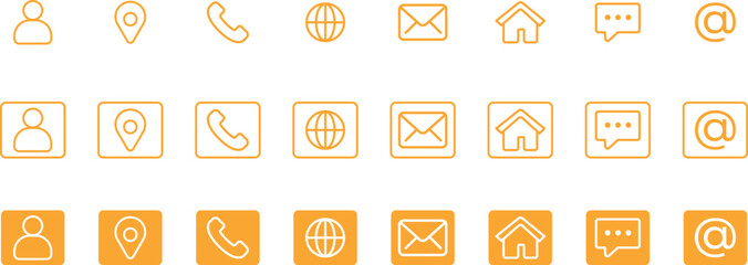 Orange Contact and Communication Line Icons Set &ndash; Phone, Email, Map, Web, Home, Chat Symbols