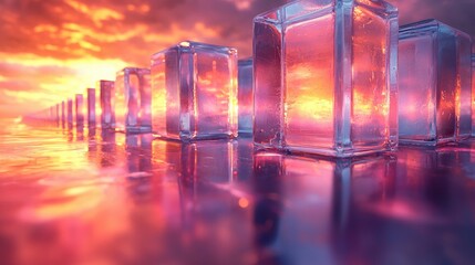 Abstract Glass Blocks Reflecting Colorful Sunset Over Calm Water