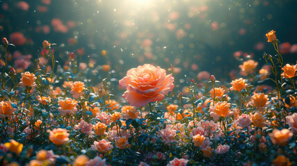 Lush Garden Filled with Blooming Roses and Wildflowers in Sunlight