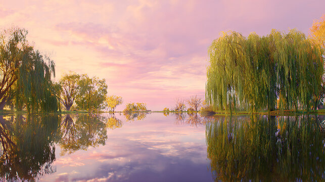 willow. Tranquil lakeside scene with weeping willow and pastel sky mirrored in calm waters. travel magazines, destination branding, designed for outdoor magazines and nature guides.
