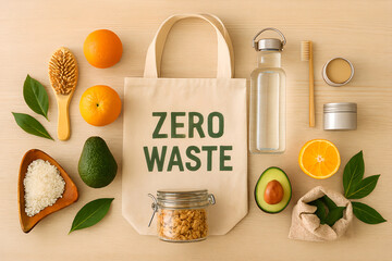 Zero waste lifestyle photo featuring reusable tote bag, fresh produce, natural cosmetics, and eco-friendly items arranged in a flat lay, promoting sustainable and plastic-free living.