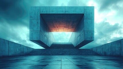 Neo Brutalist Architecture with Dramatic Lighting and Cloudy Sky