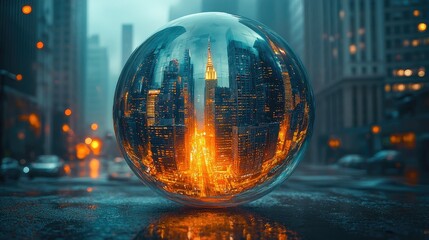 Reflective Glass Sphere Showcasing Urban Cityscape at Dusk