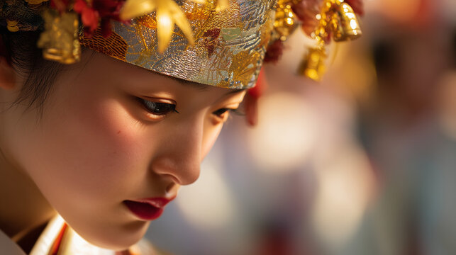 A beautiful young Japanese woman in traditional attire, reminiscent of the Kasuga Wakamiya Onmatsuri in Japan, gazes downward with a serene expression