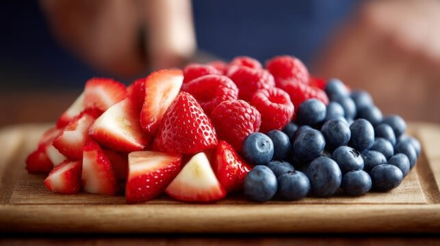 A person skillfully chops ripe strawberries, vibrant raspberries, and deep blue blueberries on a wooden cutting board. The warm kitchen environment enhances this culinary experience