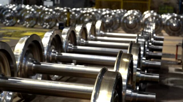 A row of steel railway wheelsets lies on the warehouse floor, ready for assembly in the train manufacturing process