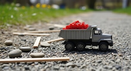 Toy truck carries a load of red blocks across a gravel road, nestled amidst scattered sticks and natural stones on