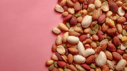 Assortment of mixed nuts on a pink background