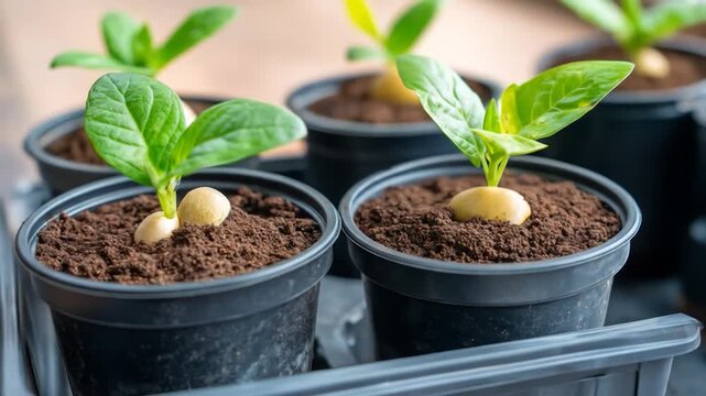 Young plant seedlings sprouting in black pots with rich soil growing in a tray