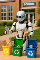 Photo of humanoid robot sorting recyclable materials into color-coded bins in front of a school building, promoting environmental education, sustainability, and smart waste management.