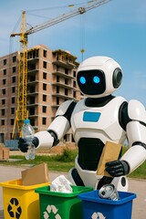 Photo of humanoid robot sorting recyclable materials into color-coded bins outdoors near a construction site, promoting eco-friendly waste management