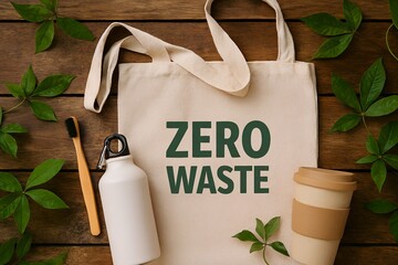 Flat lay photo of zero waste essentials including reusable tote bag, bamboo toothbrush, metal water bottle, and eco coffee cup on wooden surface with green leaves, promoting sustainable living.