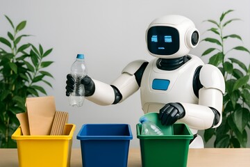 Photo of humanoid robot sorting recyclable materials into color-coded bins for plastic, paper, and metal, with green plants in the background, promoting smart eco-friendly waste management.